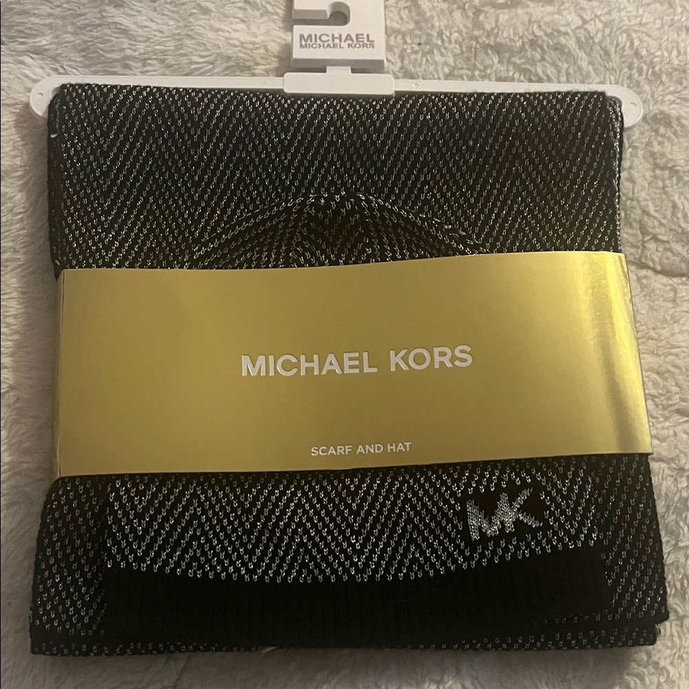 Michael Kors Black and Gray Scarf and Hat Set